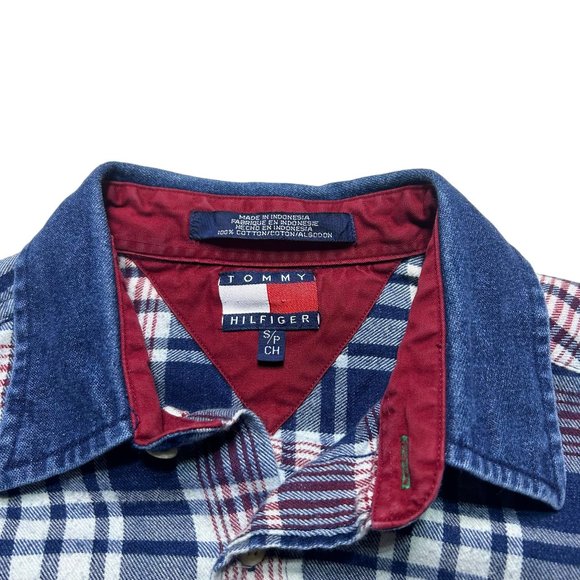 Tommy Hilfiger Flannel Shirt Mens Small Blue Plaid Denim Collar Long Sleeve - Picture 7 of 8